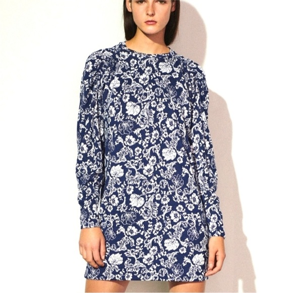 Size L Zara Jacquard Navy Blue Long Sleeve Dress - Picture 1 of 5